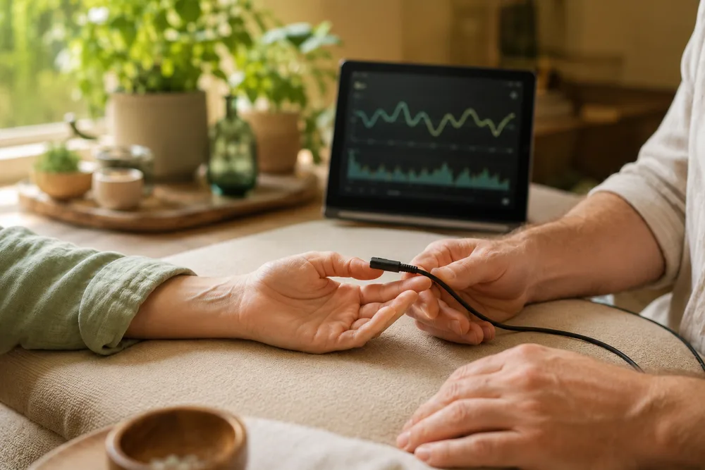 VNS-Analyse: Sensor am Finger, Herzraten-Verlauf auf dem Tablet
